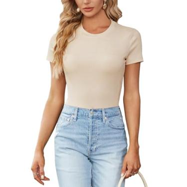 Imagem de LYANER Camiseta feminina básica de malha canelada gola redonda manga curta slim fit, Bege, GG