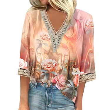 Imagem de Camisetas femininas de verão manga 3/4 com decote em V floral 2024, camisetas femininas casuais com acabamento em renda, blusas femininas elegantes e casuais, Laranja 91 cm, GG