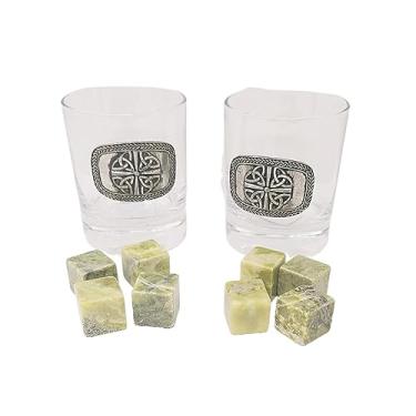 Imagem de Exclusively Irish Conjunto quádruplo de copos de uísque Trinity Knot de 2 copos e 4 pedras de gim Connemara Mármore Chilling Rocks Bar Pub Item Presente Masculino