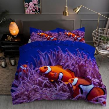 Imagem de Jogo de cama king com estampa de peixe-palhaço, Califórnia, coral, conjunto de 3 peças, capa de edredom de microfibra macia, 264 x 248 cm e 2 fronhas, com fecho de zíper e laços