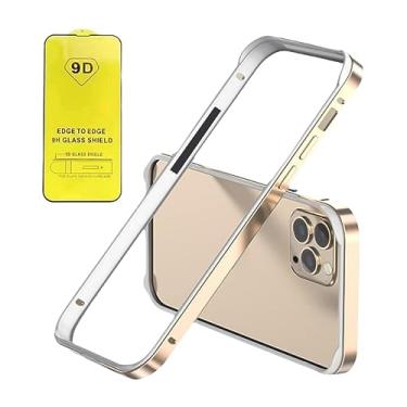 Imagem de OSMARI Bumper de metal com moldura de alumínio para capa do iphone 14 Plus com película de proteção de vidro temperado Capa rígida com moldura de metal e bumper interno macio (Ouro)
