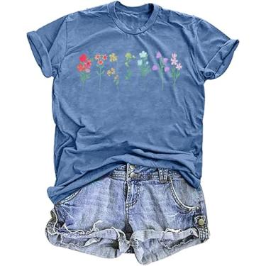 Imagem de Camiseta feminina orgulho flores silvestres arco-íris floral LGBTQ camiseta vintage flores estampadas tops, Azul 2, GG