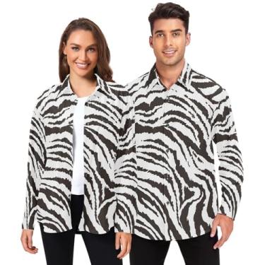 Imagem de Camisetas masculinas de manga comprida abotoadas para mulheres verão com bolsos preto e branco tigre animal, Tigre preto e branco animal, XXG