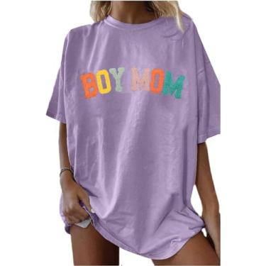 Imagem de Camiseta feminina grande mamãe menino mamãe levanta camiseta presente para mãe com glitter patch camiseta casual gola redonda, Roxa, P