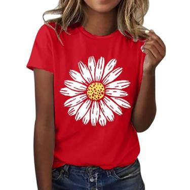 Imagem de Duobla Camiseta feminina de verão com estampa de flores fofas, soltas, gola redonda, manga curta, casual, blusa 2024 fashion, A-3 - vermelho, P