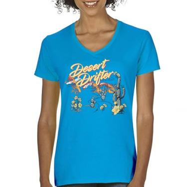 Imagem de Camiseta feminina Desert Drifter com decote em V Vintage Boho Desert Vibe Retro Southwest Bohemian Cactus Art American Travel Tee, Turquesa, XXG