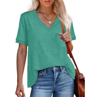 Imagem de Bellcoco Camisetas femininas básicas de manga curta gola V com bolso e bolso 2024 verão casual, Azul-petróleo, P