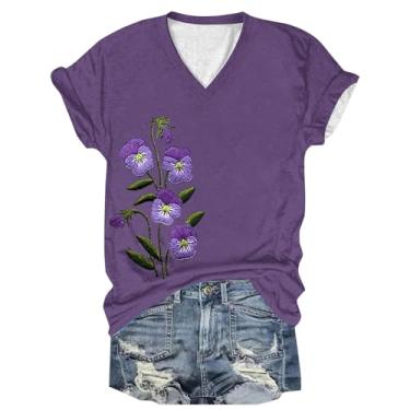 Imagem de Camisetas femininas de conscientização de Alzheimer 2024 roxo floral gráfico tops verão casual macio gola V manga curta blusas, Z03 Roxo, XXG