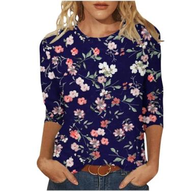 Imagem de 2024 primavera verão estampa floral camisetas femininas 3/4 gola redonda manga curta camisetas casuais blusas elegantes confortáveis, Z04 azul-marinho, XXG