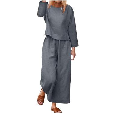 Imagem de Conjuntos femininos de ajuste solto, camisetas e calças para mulheres, conjunto de linho, 2 peças, outono e verão 2024, P-125 cinza escuro, G