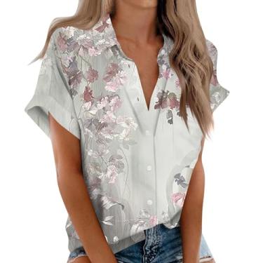 Imagem de Camisetas femininas de verão com botões de manga curta, estampa floral, gola V, gola V, camisa de acampamento, nº 11 - prata, GG