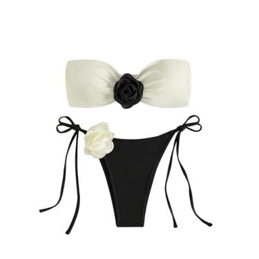 Imagem de Verdusa Conjunto de biquíni bandeau feminino com aplique floral de duas peças, Branco e preto, G