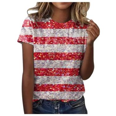 Imagem de Camisetas de verão femininas 2024 Dia da Independência com estampa da bandeira americana gola redonda casual solta e confortável básica manga curta, Prata, G