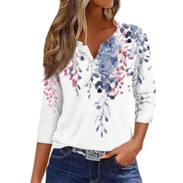 Imagem de Camiseta feminina manga 3/4 Henley blusas estampadas florais soltas camiseta casual túnica verão camisas elegantes, Branco, P