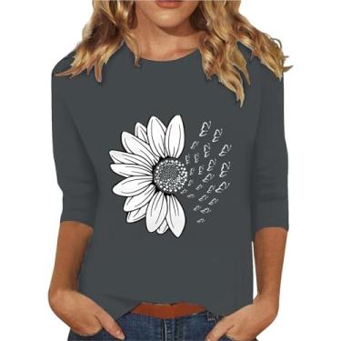Imagem de Camiseta feminina com estampa floral, manga 3/4, gola redonda, caimento solto, casual, confortável, túnica para treino, Cinza, GG
