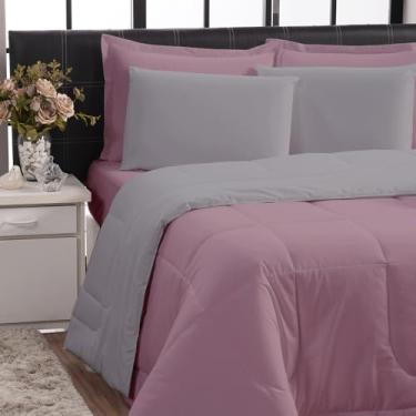 Imagem de Kit Edredom Casal Queen 6 Peças Percal 200 Fios 100% Algodão Dupla Face (Cinza e Rosa)