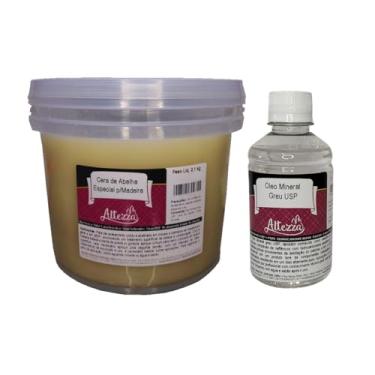 Imagem de Kit Cera Para Madeira de Abelha 2,1Kg + Óleo Mineral Grau USP 250ml Para Tábua de Carne, Tábua de Corte, Madeiras em Geral, Móveis, Gamelas, Utensílios de Madeira, Atóxico, Brilho e Proteção - Altezza