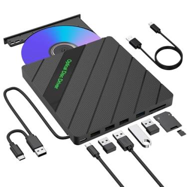 Imagem de inaepeak Unidade externa de CD/DVD 8 em 1 para laptop, gravador de CD externo portátil USB 3.0 com 4 portas USB/2 compartimentos para cartão TF SD/1 porta USB tipo C, unidade de disco para