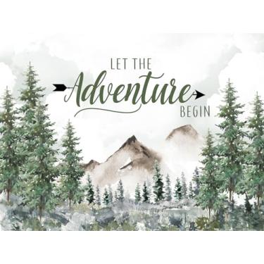 Imagem de Let The Adventure Begin Pano de fundo Adventure Awaits chá de bebê decoração de festa de aniversário floresta rústica pinheiro montanha natureza selvagem aventura floresta fundo fotográfico 20 x 1,8 m