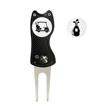 Imagem de Myartte Ferramenta de reparo de divotos de golfe, ferramenta de divoto dobrável, canivete de aço inoxidável com botão pop-up de marcador de bola de golfe destacável de 2 peças (carrinho de golfe preto
