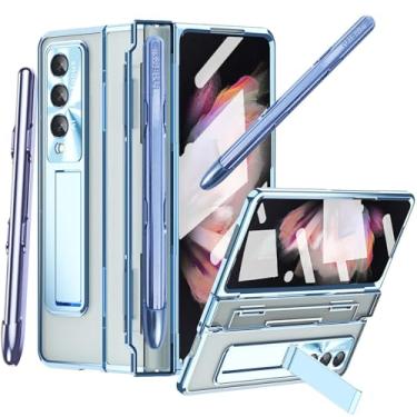 Imagem de YQODSZ Capa transparente para Samsung Galaxy Z Fold 3 com S Pen e suporte de caneta, design de peça única com protetor de dobradiça protetor de tela integrado com suporte capa de telefone de PC fina tudo incluído para Z Fold 3 - Azul