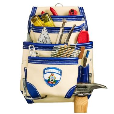 Imagem de FESA Bolsa de ferramentas de couro para carpinteiro - Bolsa de carpinteiro de couro de grão superior pesado de 10 bolsos com 2 laços de martelo, bolsos grandes e pequenos - serve para cintos de