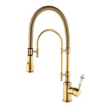 Imagem de Torneira de cozinha de latão dourado, alça única, pulverizador retrátil de modo duplo, torneira de pia de cozinha com alça de porcelana, ouro polido