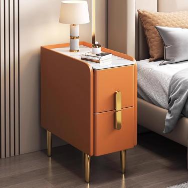 Imagem de Mesa de cabeceira fina para espaços pequenos, mesa lateral estreita Mesa de cabeceira minimalista moderna com acabamento em couro PU e pernas de metal, armário de armazenamento de gaveta dup
