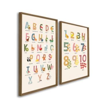 Imagem de Quadro Decorativo Duplo Aprendendo com Alegria ABC e Números em Frutas e Animais (Madeira, 50x75 C/Vidro)