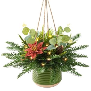 Imagem de Cesta de Natal artificial para decoração ao ar livre, decorada com pinifolium de açafrão, decoração de Natal para casa, varanda, jardim, pátio, decoração de Natal