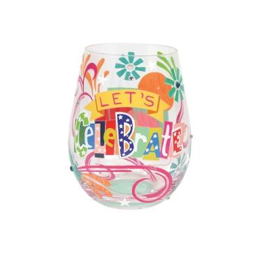 Imagem de Enesco Lolita Designs Let's Celebrate Taça de vinho artesanal sem haste pintada à mão, 590 ml, multicolorida