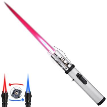 Imagem de Isqueiro de tocha, acendedor de fogo brilhante com trava de segurança e chama vermelha/azul ajustável, recarregável, gás butano, à prova de vento, acendedor de chama, para velas, fogueiras, churrasco,