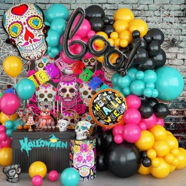 Imagem de Day of the Dead Balloon Arch, Colorful Dia De Los Muertos Decorations Balloons Garland Kit with Sugar Mexican Skull BOO Round Halloween Foil Balloons for Mexican Fiesta Altar Festival Party Supplies