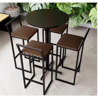 Imagem de Conjunto Mesa Alta Bar Bistrô Redonda Preta 4 Banquetas Confort Estofado Industrial Black (MARROM)
