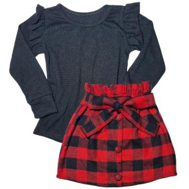 Imagem de Conjunto Infantil Blusinha Saia Xadrez Moda Menina Outono Inverno São 