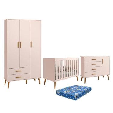 Imagem de Dormitório Infantil Isis Guarda Roupa 3 Portas, Cômoda 1 Porta E Berço Rosa Com Colchão - Reller Móveis Rosa