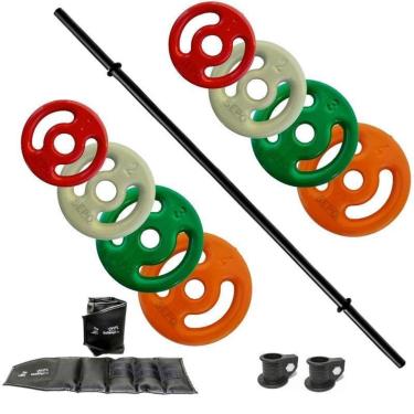 Imagem de Kit Anilhas Emborrachadas 20kg + Barra Polipump + Caneleira-Unissex