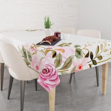Imagem de Toalha De Mesa Retangular 6 Lugares Tecido Oxford Flores Rosa Moldura 