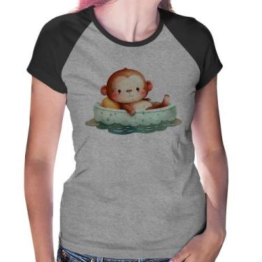 Imagem de Baby Look Raglan Ursinho Bebê Na Piscina  - Foca na Moda, Cinza, Preto