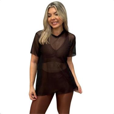 Imagem de Blusa Tule Manga Curta Estampada Feminina Moda Fitness Blusão Traspare