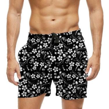 Imagem de Short Praia Shorts Banho Bermuda Verão Flores Florida Branco White 695