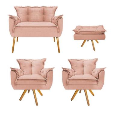 Imagem de Kit Namoradeira, 02 Poltronas e Puff Opala Base Giratória de Madeira S