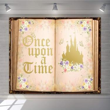 Imagem de Once Upon a Time Pano de fundo de 3 x 2,4 m Once Upon A Time para meninas, decoração de festa de feliz aniversário, livro de conto de fadas, fotografia, fundo dourado, castelo de flores, princesa