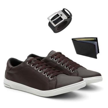 Imagem de Kit Sapatênis Masculino + Carteira + Cinto Liso Casual - Kreeper, Café