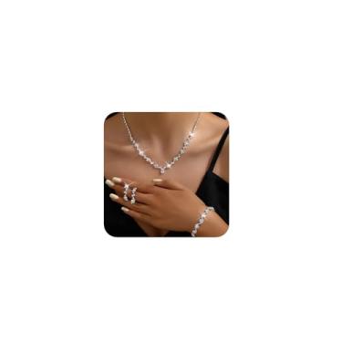 Imagem de fxmimior Boho Prata Moda Formatura Brilhante Strass Gargantilha Brincos Conjunto de Pulseiras Delicadas Camadas Sexy Gargantilha Colar Halloween Natal para Mulheres, Metal, Cristais