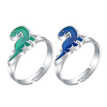 Imagem de Anéis de humor, 2 peças em forma de coração e tartaruga dinossauro unicórnio anel de cavalo que muda de cor ursos olhos emoção anel de dedo borboleta lua e estrela anéis de humor tamanho presente ajustável para mulheres meninos meninas, one size, Metal, Sem pedras preciosas