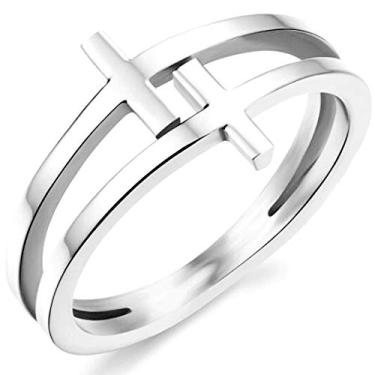 Imagem de Jude Jewelers Anel de compromisso religioso de cruz cristã de aço inoxidável feminino Love Hope Faith
