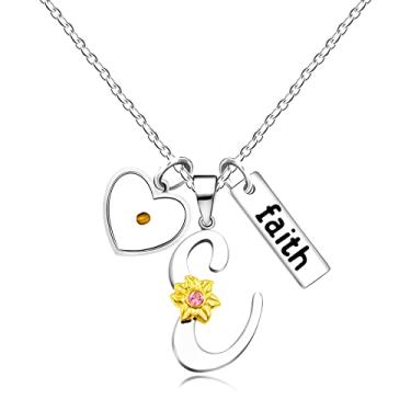 Imagem de Uloveido A-Z 26 Colar com pingente de girassol do alfabeto para mulheres, meninas, aço inoxidável, pingente religioso, coração, semente de mostarda, fé, nome e letra Y2930, Aço inoxidável, Zircônia