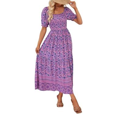 Imagem de ZESICA Vestido maxi longo feminino 2025 verão boho estampa floral gola quadrada com babados, Roxa, GG
