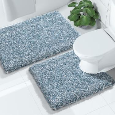 Imagem de Yimobra Conjuntos de tapetes de banheiro fofos 2 peças, tapete de banheiro felpudo em forma de U, tapete de banho macio e confortável, antiderrapante, tapete de chuveiro de pelúcia grossa, absorvente de água, lavável na máquina, 81 x 50 cm + 61 x 50 cm, azul jeans